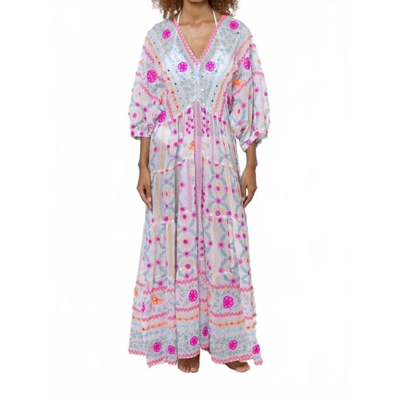 NEW JULIET DUNN v neck loose maxi mexican print in fuchsia/mango/turq - Picture 1 of 4